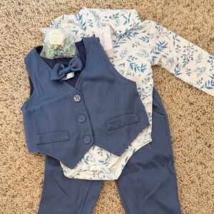 Amazon Navy Blue Boy's Vest, Pants & Floral Bodysuit Set with Bow Tie